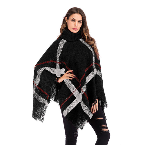 Poncho oversize pour femmes avec col roulé et motif à carreaux décontracté Levoire