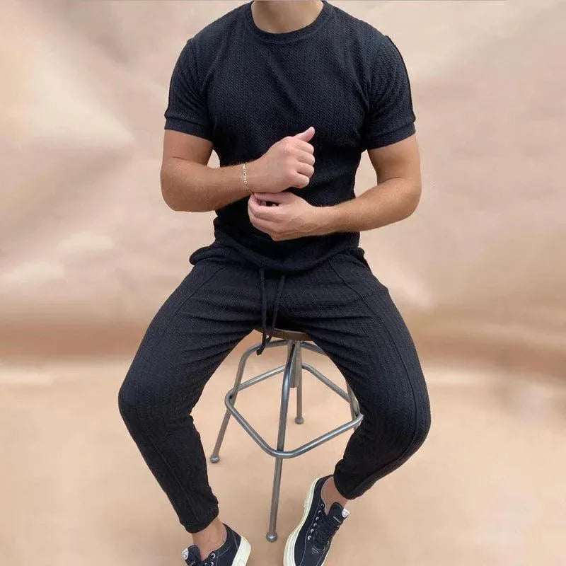 Levoire | Slim Fit Deux pièces Vêtements de loisirs Sport Ensembles à manches courtes et pantalons longueur cheville Noir