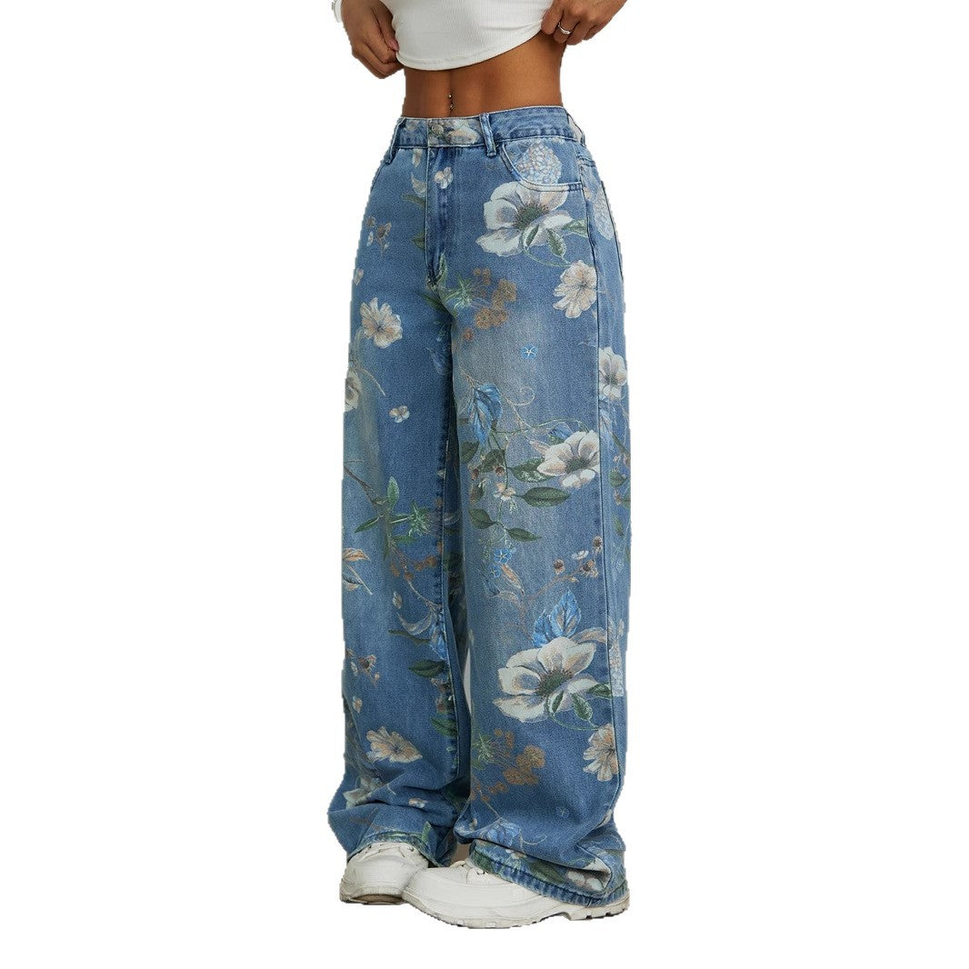 Jeans larges pour femmes avec design floral et taille haute Levoire