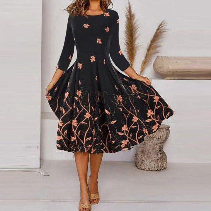Levoire | Élégante robe imprimée à col rond à manches 3/4 Couleur de fleurs