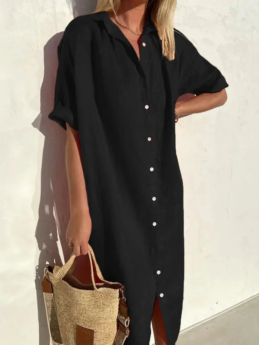 Levoire | Robe à boutons à manches amples, élégante et décontractée, pour femmes robes en coton et en lin Noir