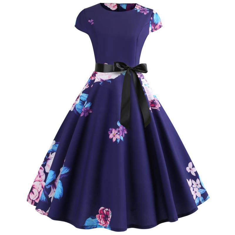 Robe midi à col rond pour femmes avec design floral et jupe évasée Levoire