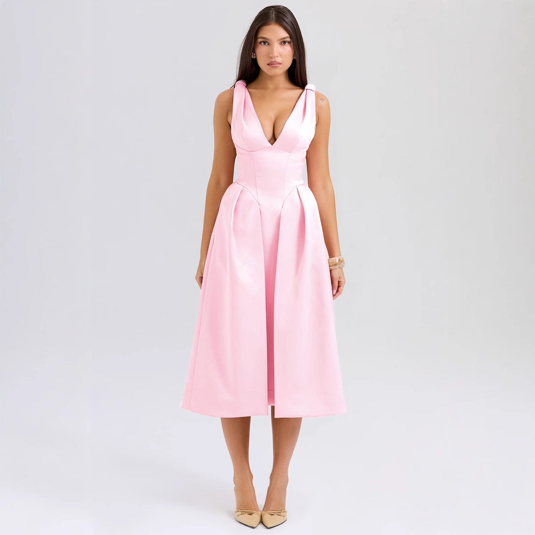 Robe Midi Élégante pour Femmes avec Décolleté en V Rêveur et Pliages Élégants Levoire