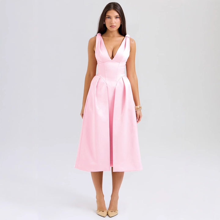 Robe Midi Élégante pour Femmes avec Décolleté en V Rêveur et Pliages Élégants Levoire