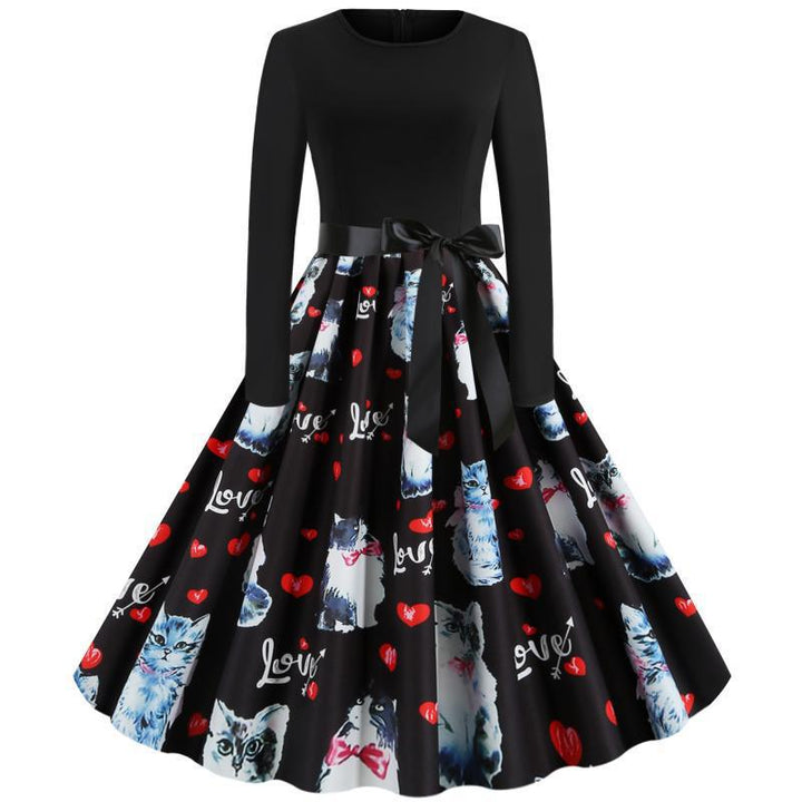 Robe swing pour dames avec motif de chat et ceinture élégante Levoire