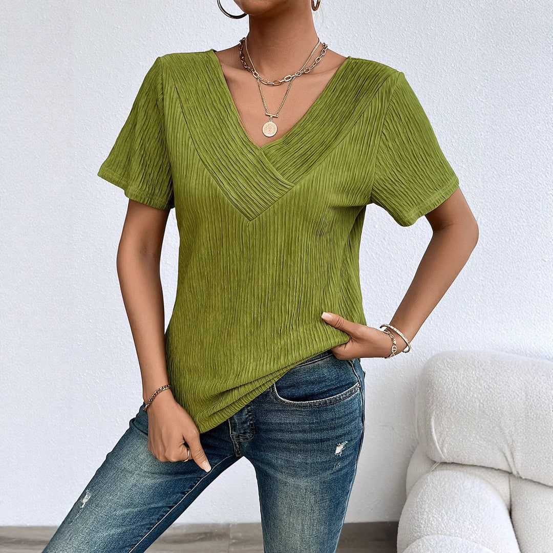 T-shirt élégant pour femmes avec col en V et texture plissée Levoire