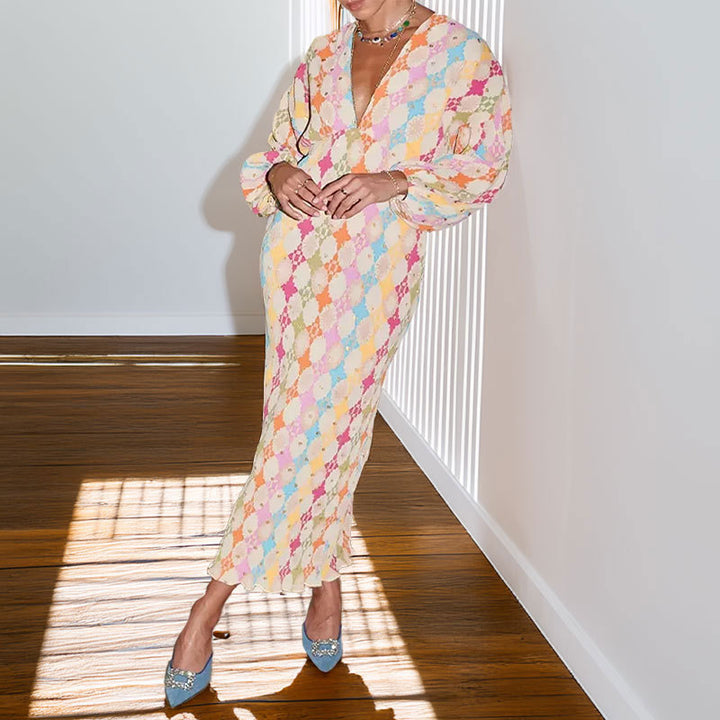 Robe maxi pour femmes avec des motifs géométriques modernes et des manches volumineuses Levoire