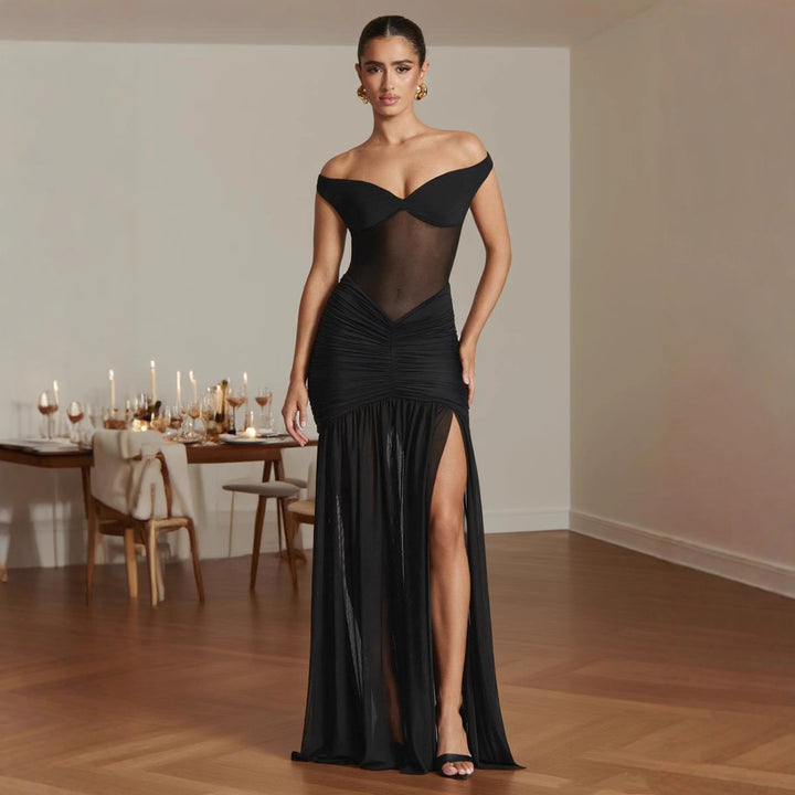 Robe Maxi Élégante pour Femmes avec Design Bardot et Fronces Levoire