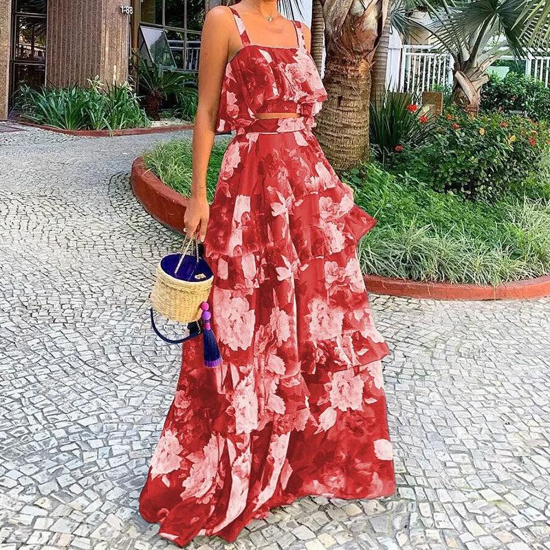 Robe Maxi Femme avec Motif Floral et Volants Levoire