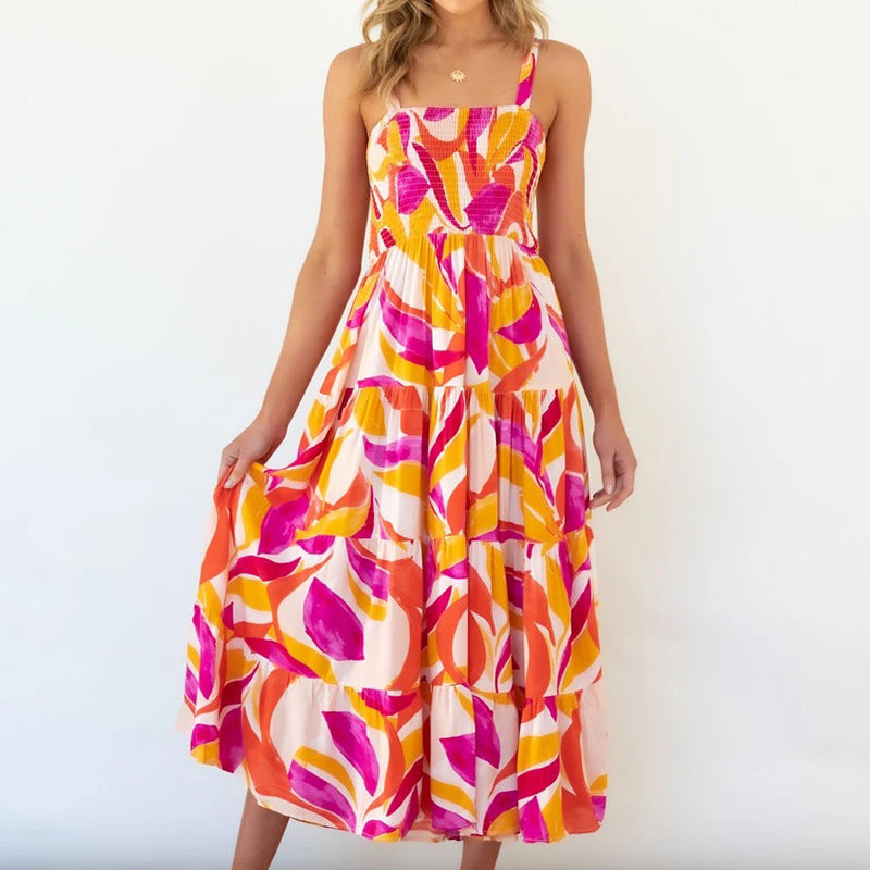 Robe maxi inspirée du boho pour femmes avec motif floral coloré et haut élastique Levoire