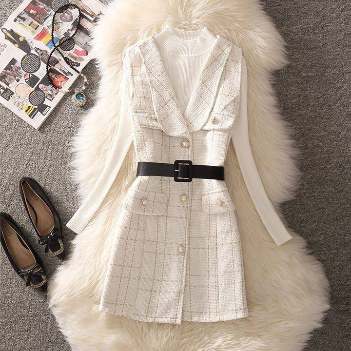 Levoire | Gilet À Carreaux Avec Col Remonté Et Ensemble De Pull Blanc