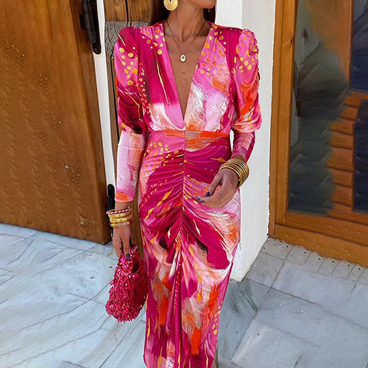 Robe maxi pour femmes avec un élégant décolleté en V et des manches bouffantes luxueuses Levoire