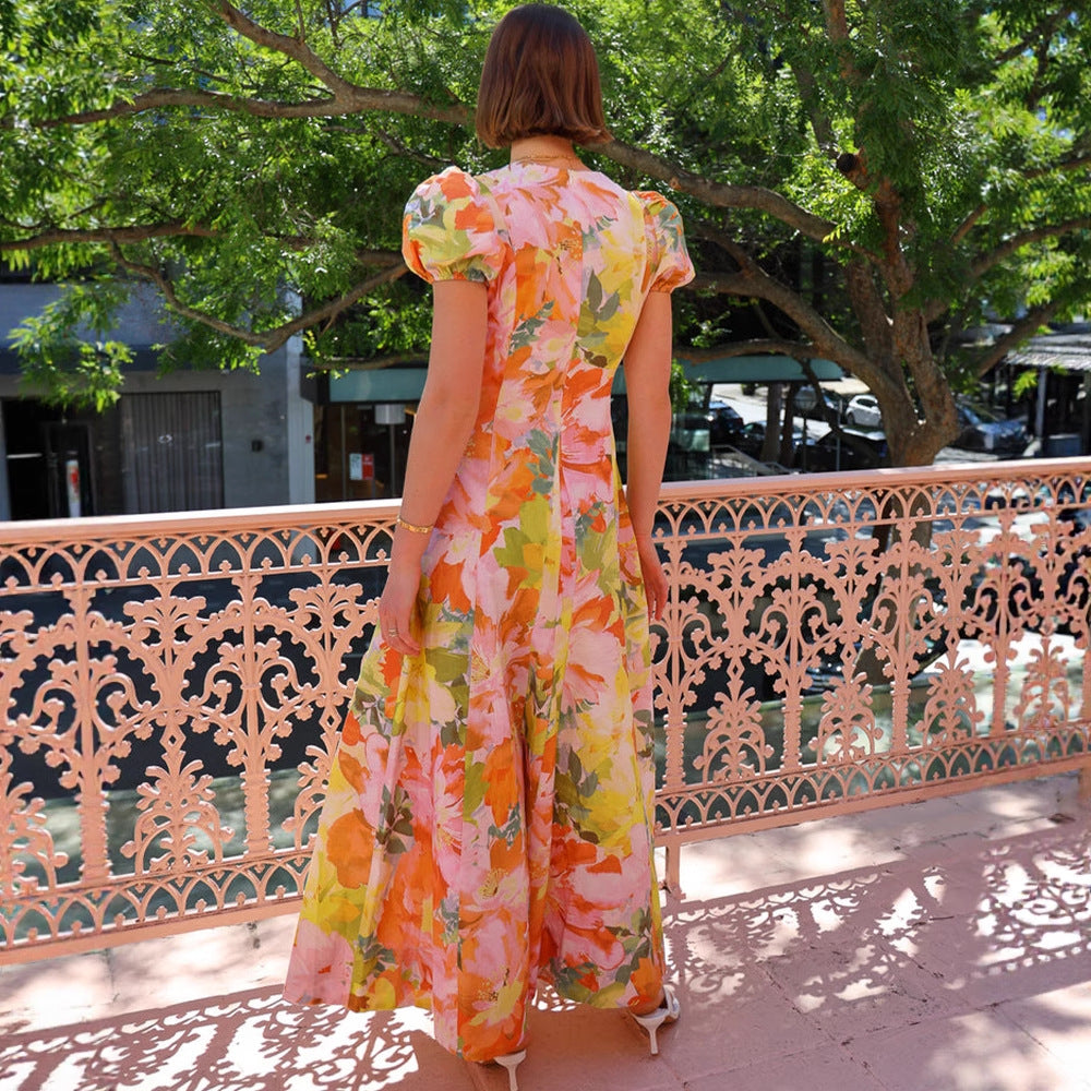 Robe maxi femme avec décolleté en V et manches bouffantes Levoire