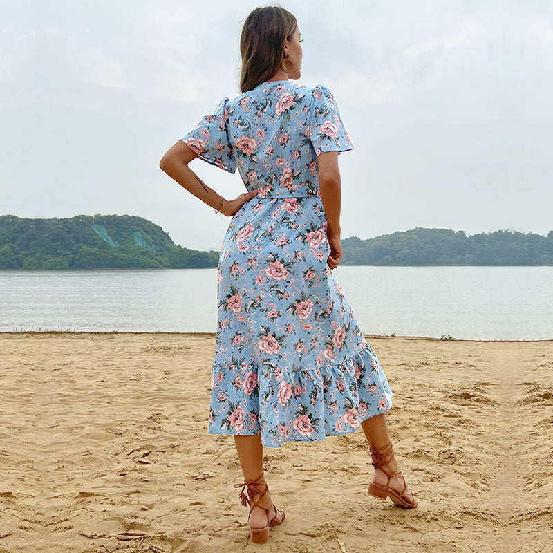 Robe Maxi Romantique pour Femmes avec Design Floral et Ourlet Volant Levoire
