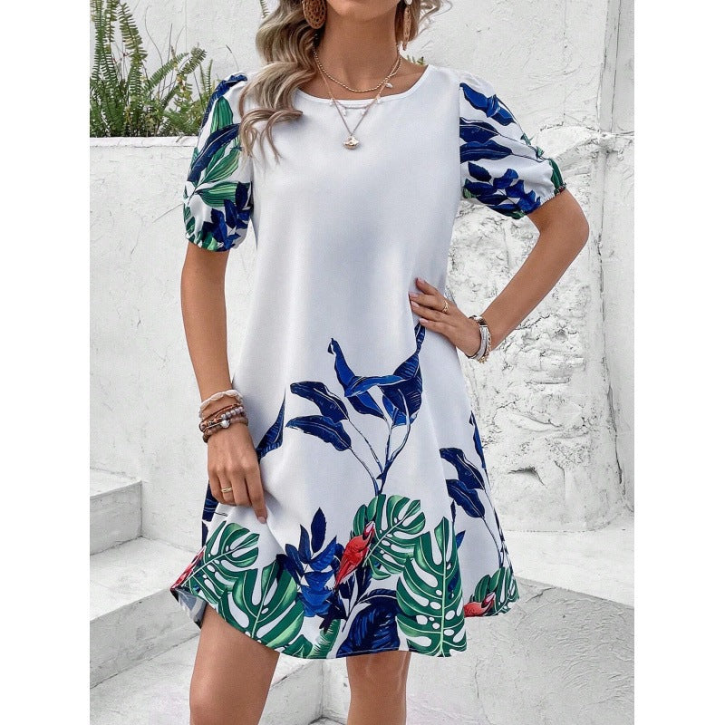 Levoire | Robe Florale Printemps Été Col Rond Décontractée 120701 blanc bas bleu feuilles