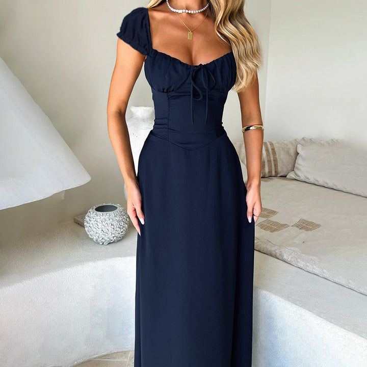 Robe Maxi Élégante pour Femmes avec Rassembler et Manches Bouffantes Levoire