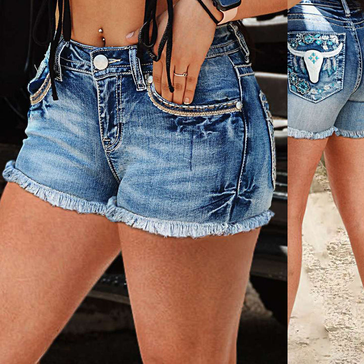 Shorts en denim pour femmes avec broderie florale et ourlet effiloché Levoire