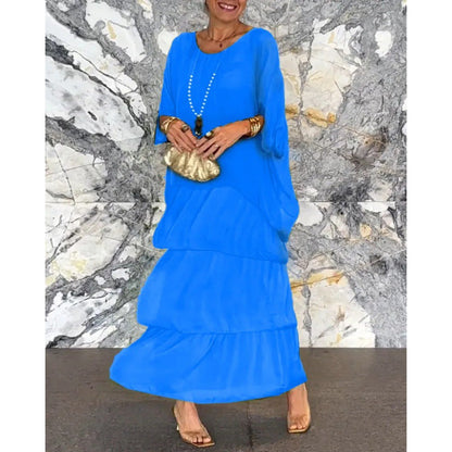 Levoire | Élégante Robe Longue à Manches Batwing et Col Ronde pour Femme Bleu