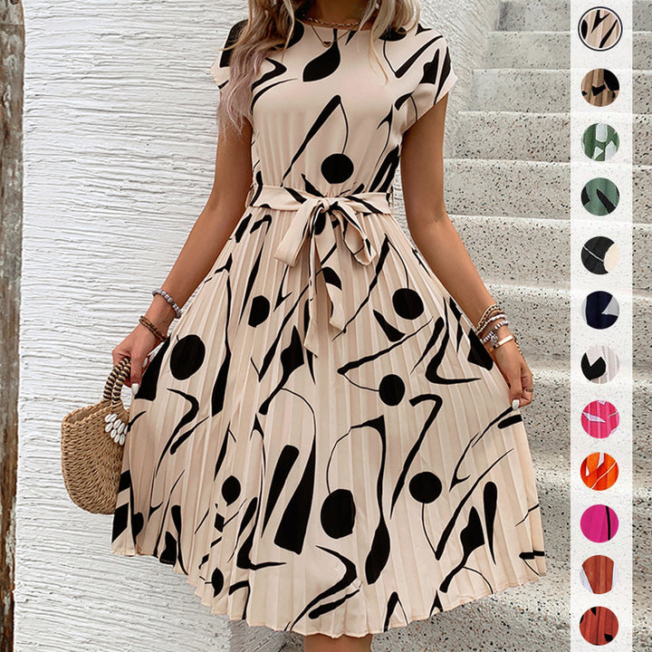 Robe maxi plissée pour femmes avec motif artistique et ceinture à nouer ajustable Levoire