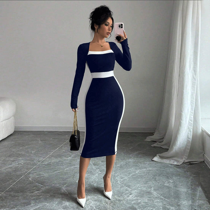 Robe midi ajustée pour femme avec décolleté carré et accents contrastants Levoire
