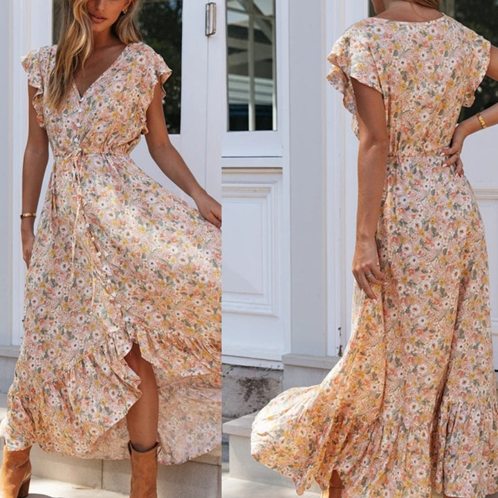 Robe maxi femme avec un délicat imprimé floral et des détails en volants Levoire
