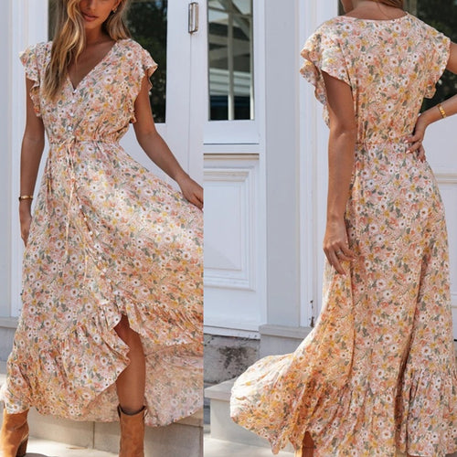 Robe maxi femme avec un délicat imprimé floral et des détails en volants Levoire