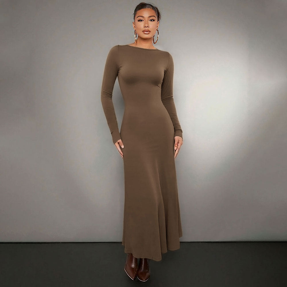 Robe midi à manches longues pour femmes avec encolure ronde élégante et ourlet volant Levoire
