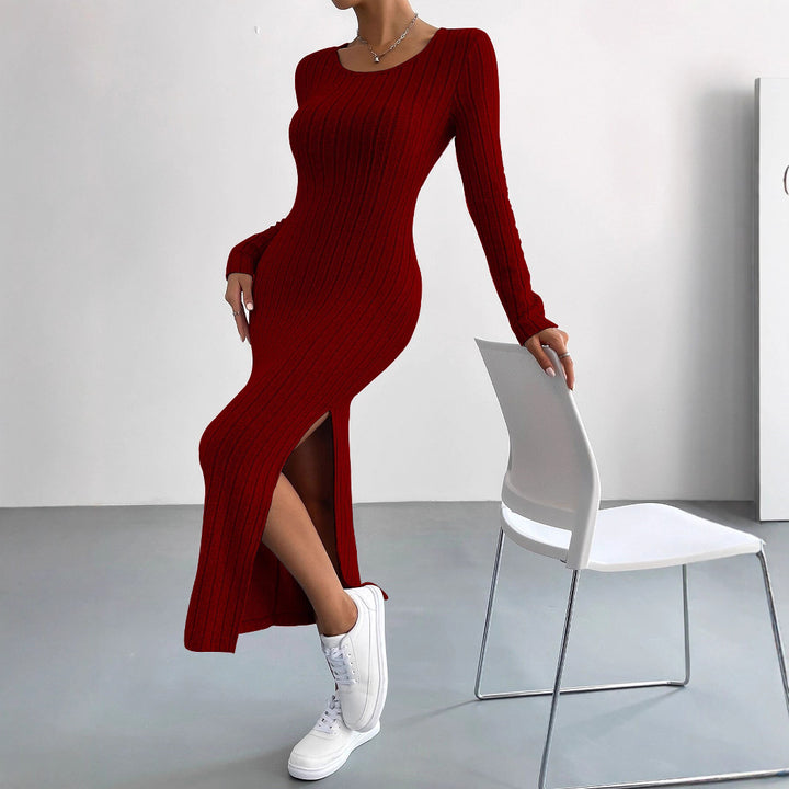 Robe maxi en maille pour femme avec manches longues et fente latérale Levoire