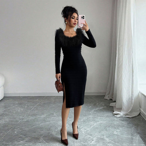 Robe midi pour femme avec décoration en plumes élégante et fente sur le côté Levoire