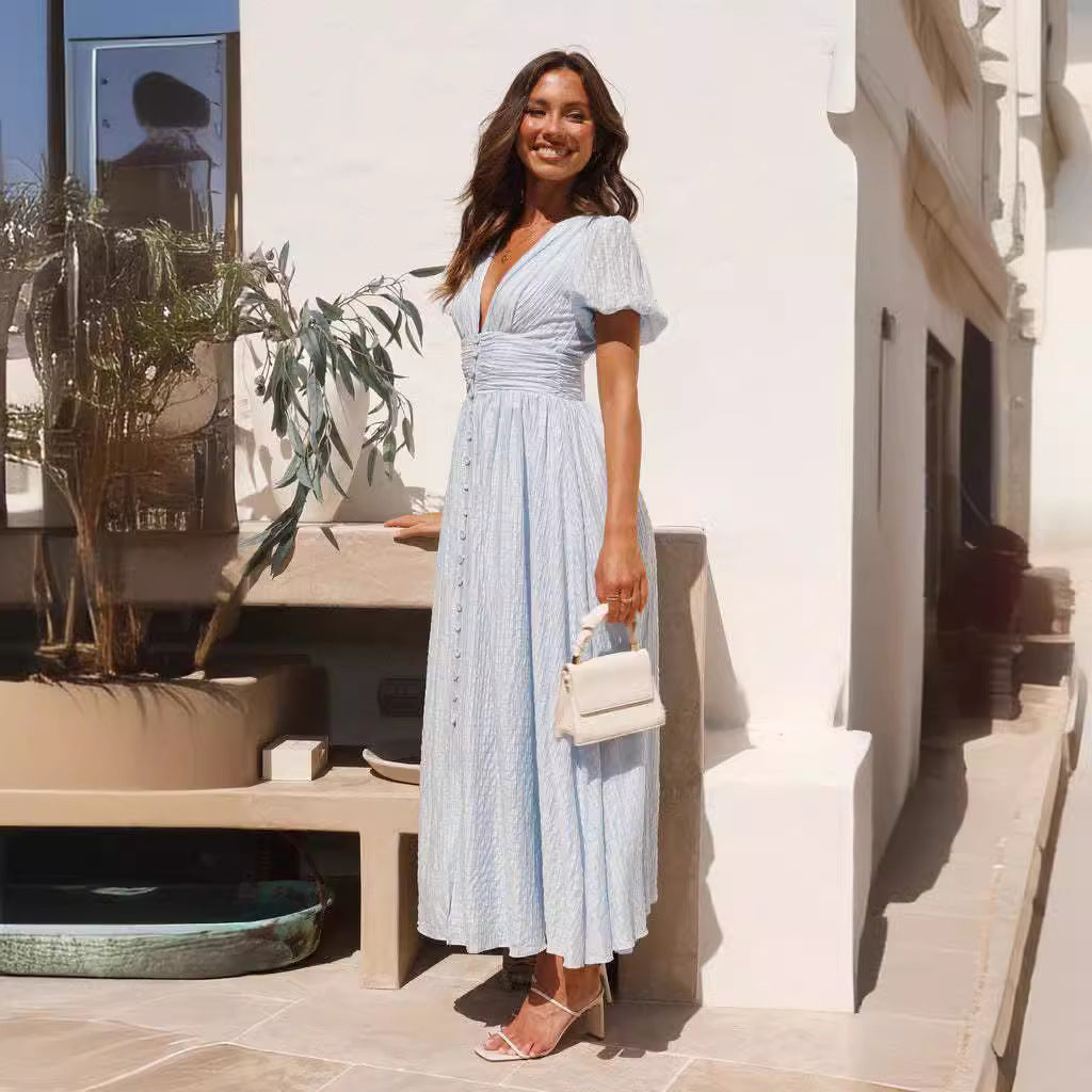 Robe Maxi Femme avec Décolleté en V Romantique et Design de Volants Festifs Levoire