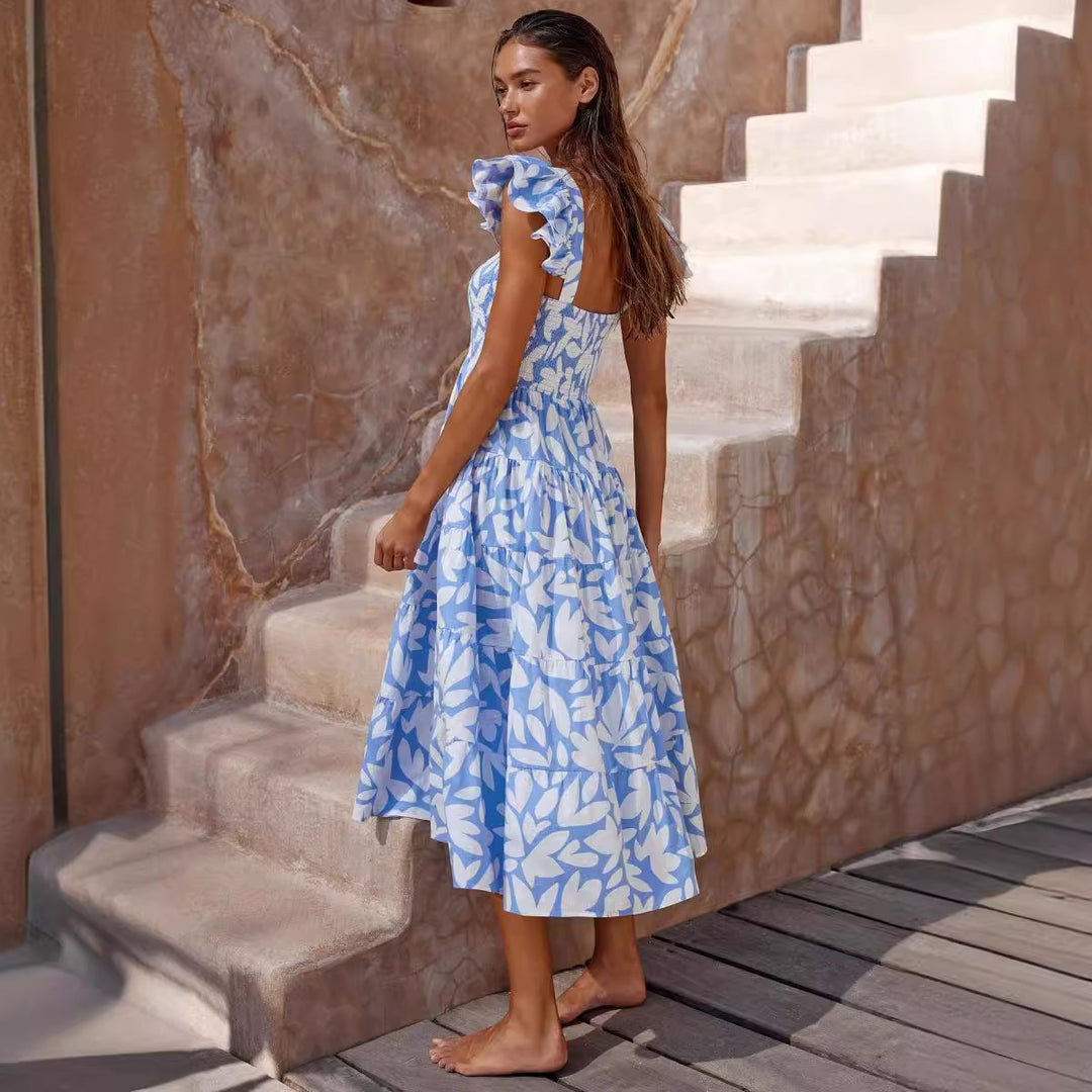 Robe midi aérienne pour femmes avec manches à volants et ourlet évasé Levoire
