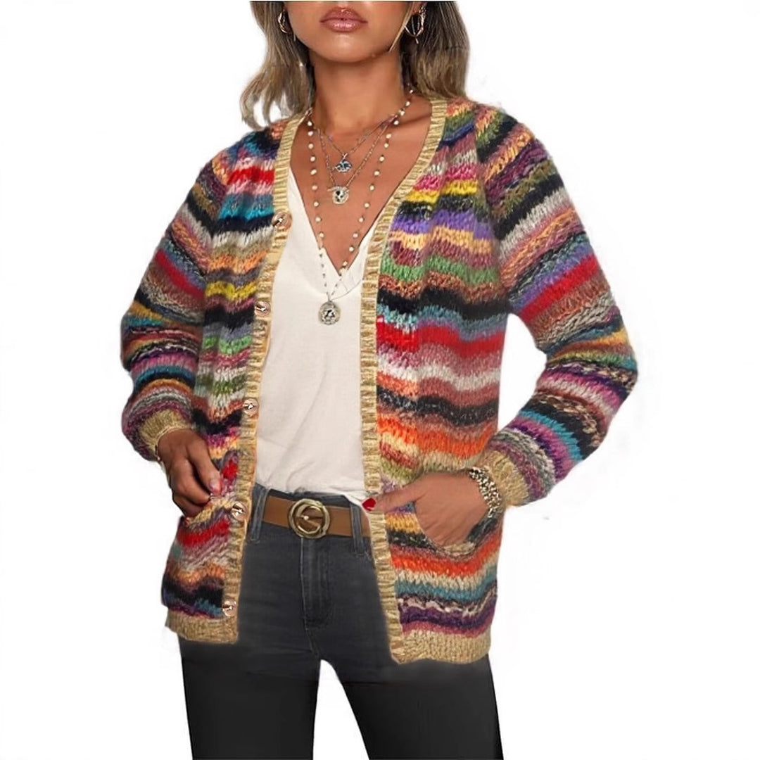 Cardigan tendance femme avec motif zigzag coloré et finitions à franges Levoire