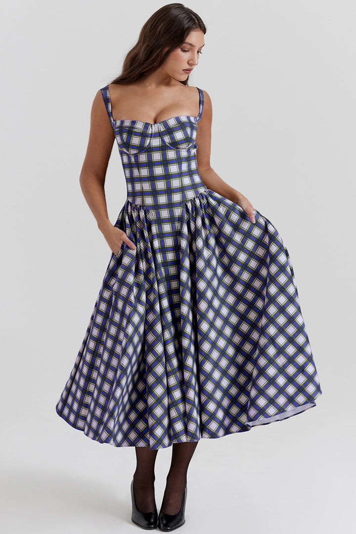 Robe midi décontractée pour femme avec un design à carreaux et décolleté profond Levoire