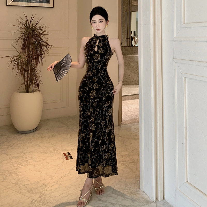 Levoire | Robe Cheongsam à encolure halterneck imprimée