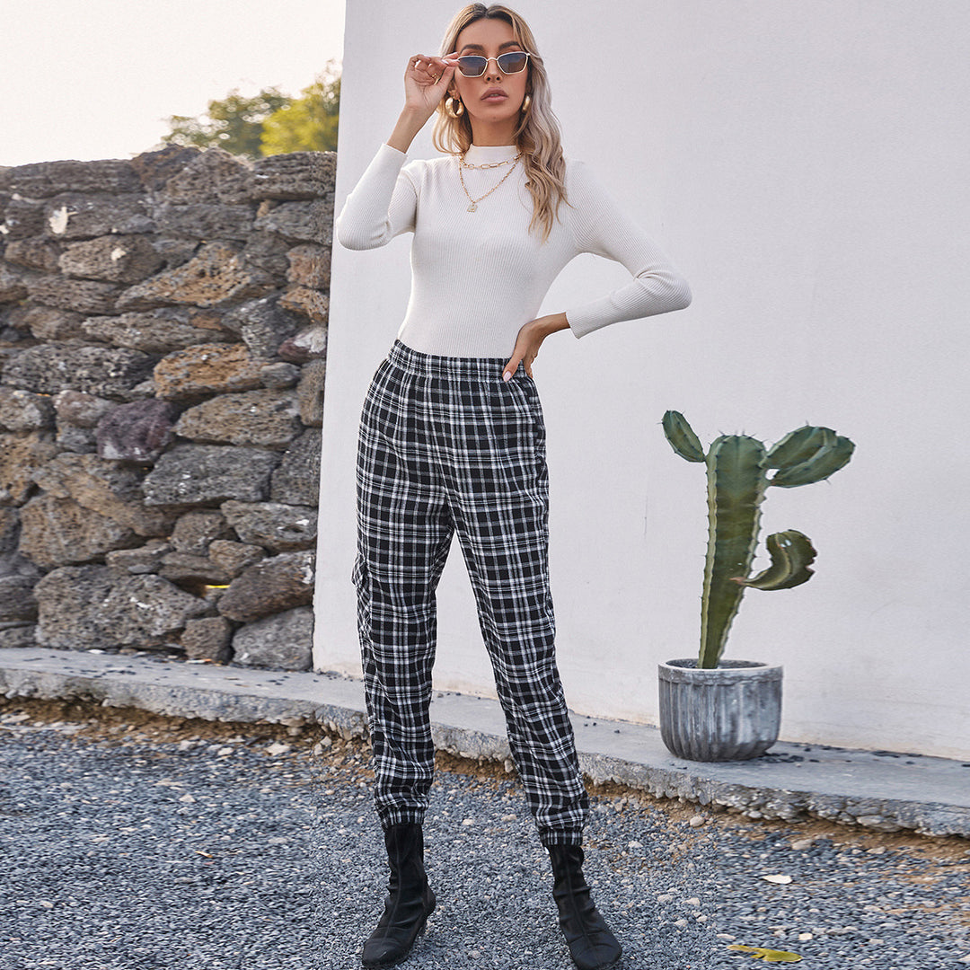 Pantalons à carreaux décontractés pour femmes avec taille élastique et poches latérales pratiques Levoire