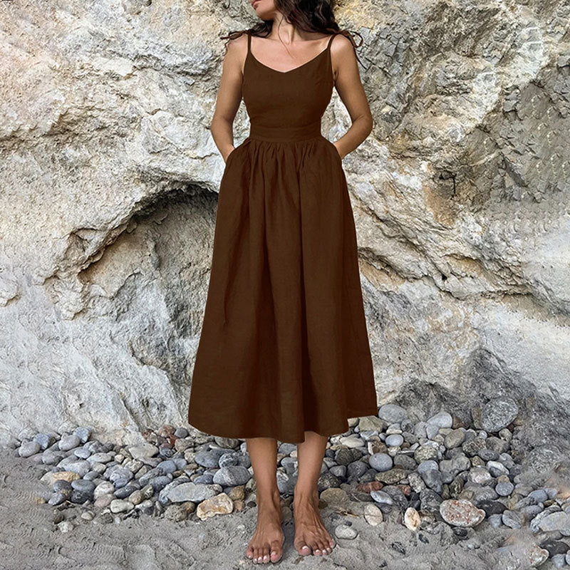 Robe longue en lin pour femmes avec décolleté en V profond et taille cintrée Levoire