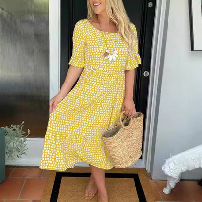 Levoire | Robe imprimée été col rond-robe imprimée Jaune