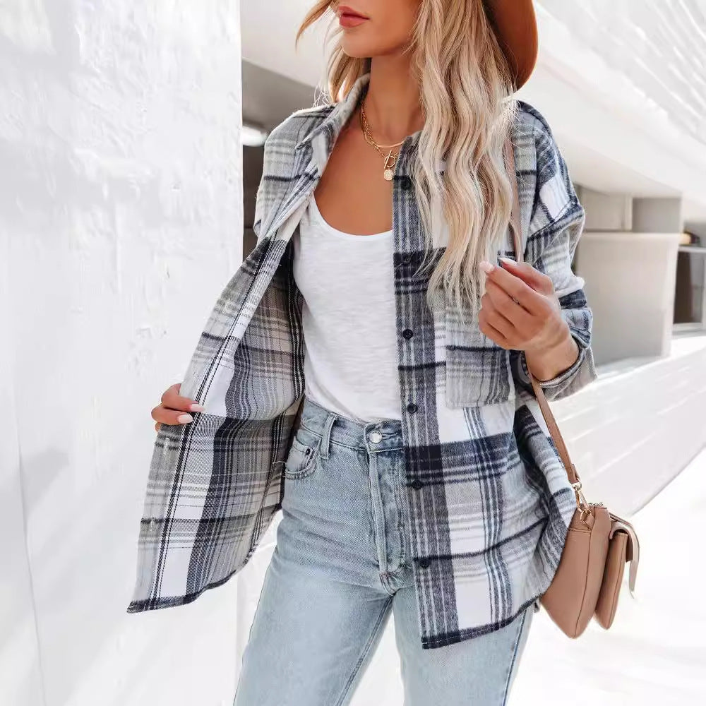 Blouse à boutons à carreaux pour femmes avec poches pratiques Levoire