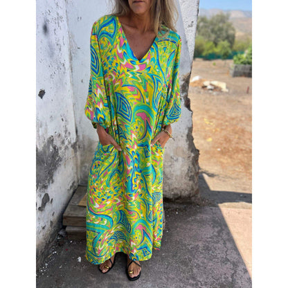 Levoire | Élégant Combinaison Imprimée Décontractée V Col Robe Longue Jaune Néon