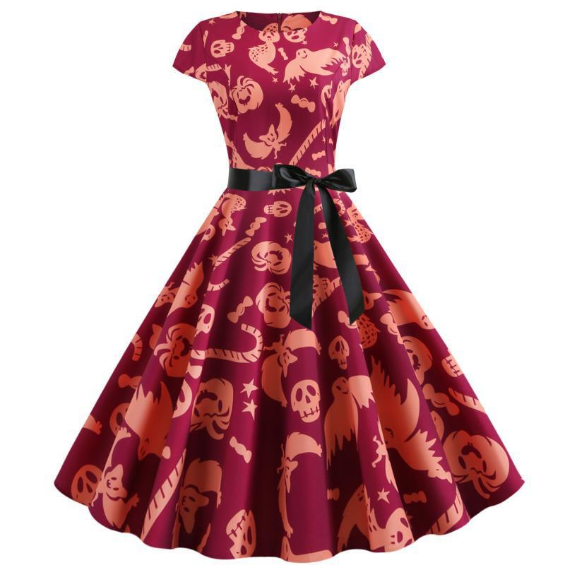 Robe swing rétro pour femme avec motif Halloween unique et ceinture à la taille Levoire
