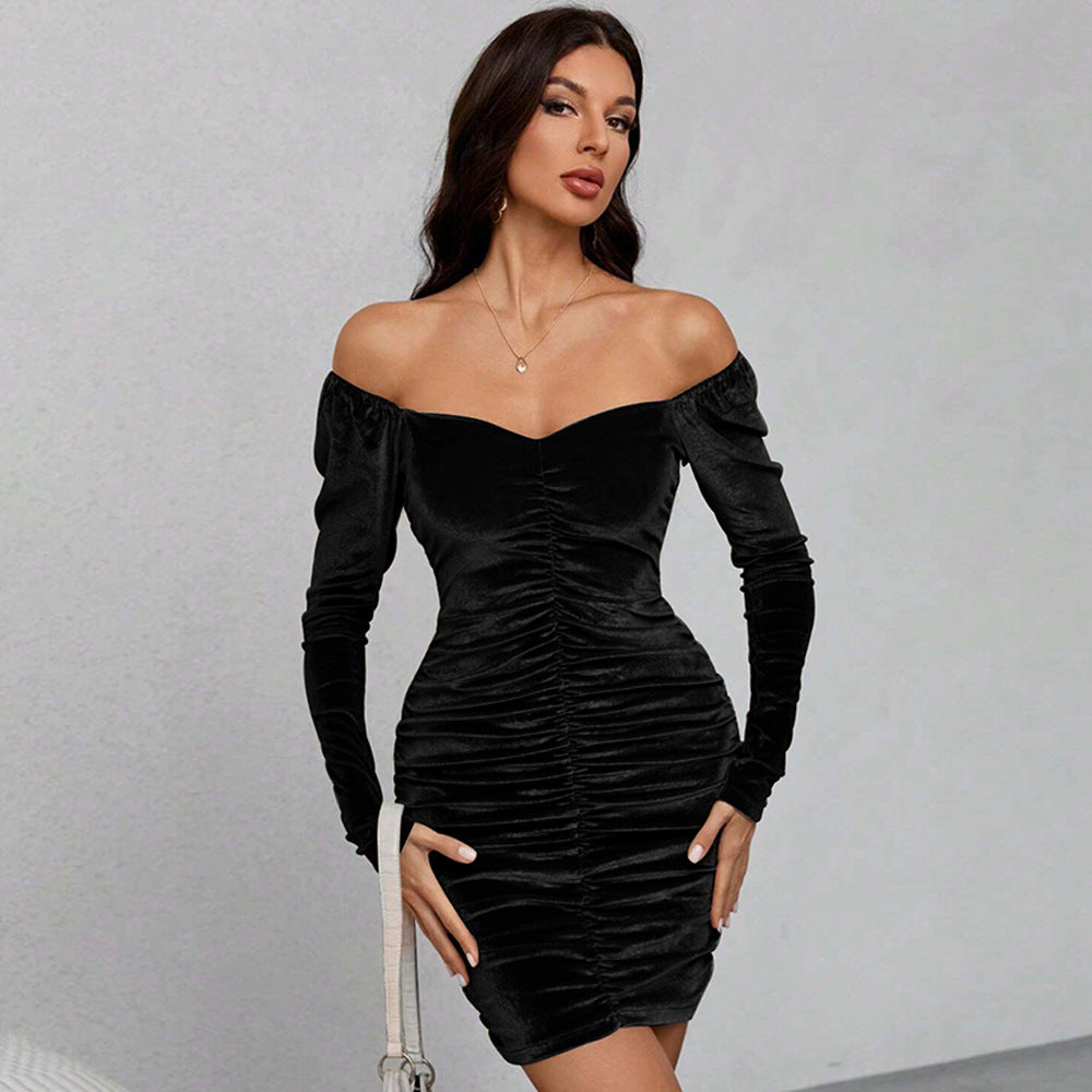 Robe Mini en Velours pour Femmes avec Manches Bouffantes Volumineuses et Rassemblement Élégant Levoire