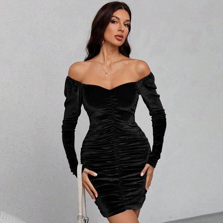 Robe Mini en Velours pour Femmes avec Manches Bouffantes Volumineuses et Rassemblement Élégant Levoire