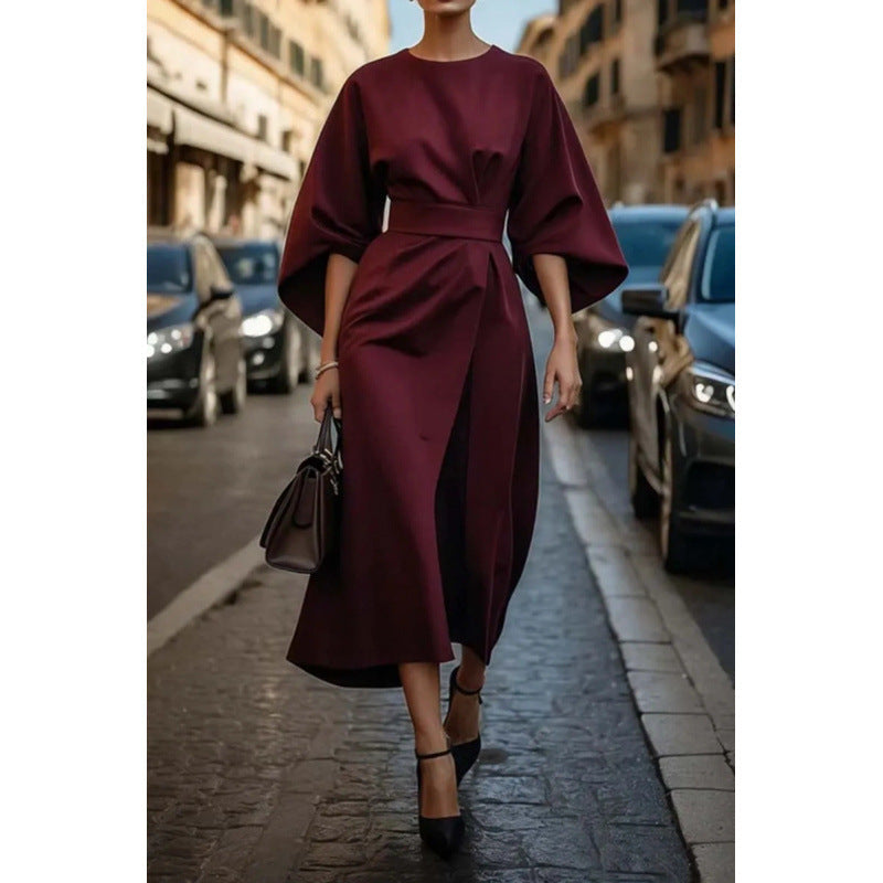 Levoire | Jupe taille haute Manches chauve-souris décontractées Jupe longue Rouge vin