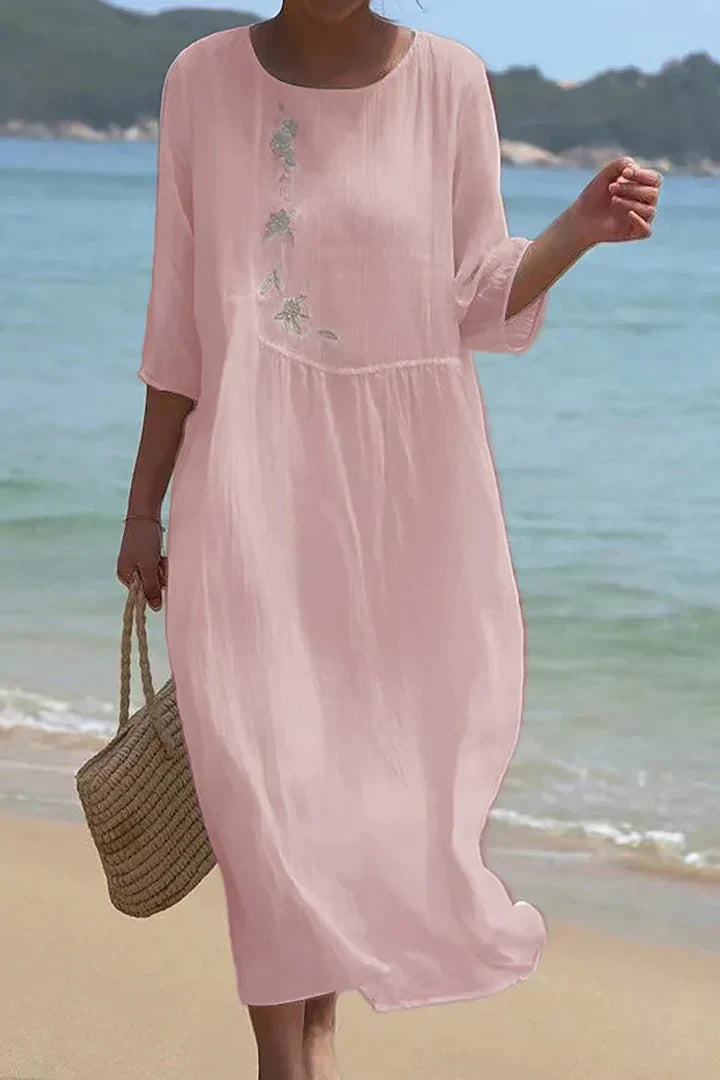 Levoire | Robe Lniana à col rond et avec détail brodé Rose pâle
