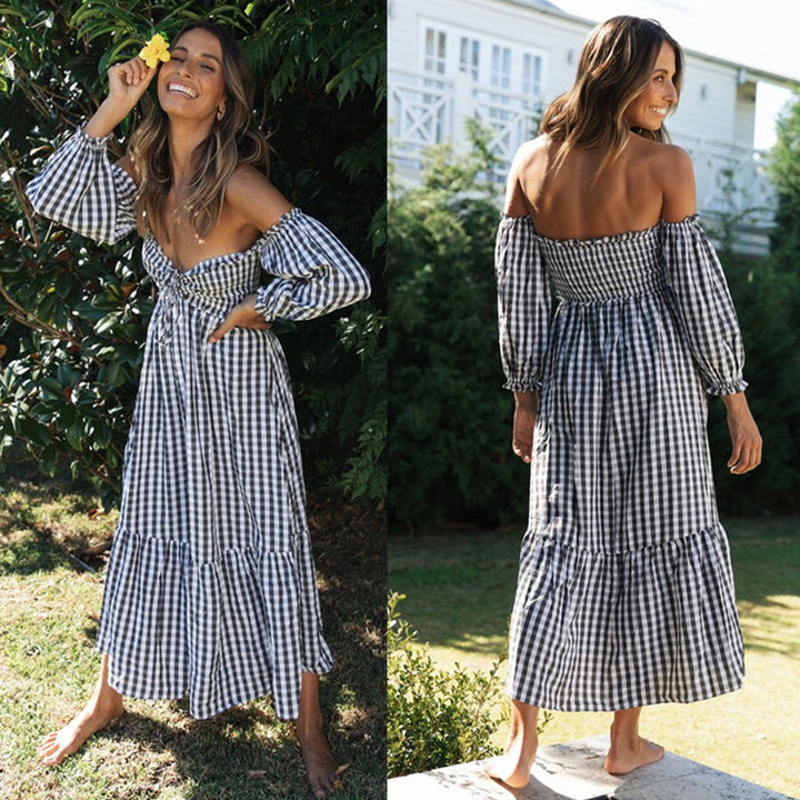 Robe Midi Femme avec Manches Bouffantes et Motif Carreaux Levoire