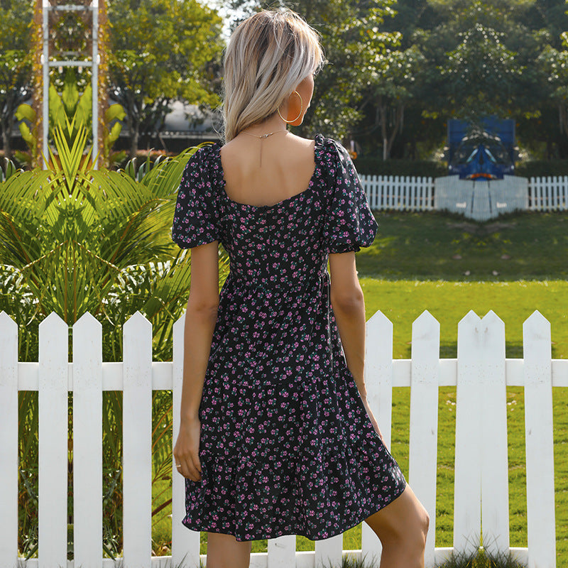 Robe florale rétro pour femmes avec larges manches bouffantes et jupe volumineuse Levoire