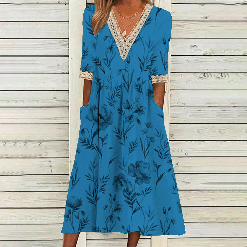 Levoire | Élégant Imprimé V-Découpe dentelle Trois-Quarts-manches robe 2#Bleu marine