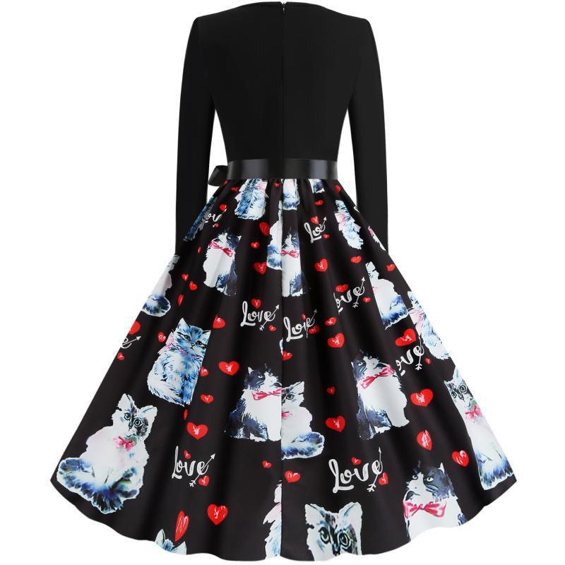 Robe swing pour dames avec motif de chat et ceinture élégante Levoire