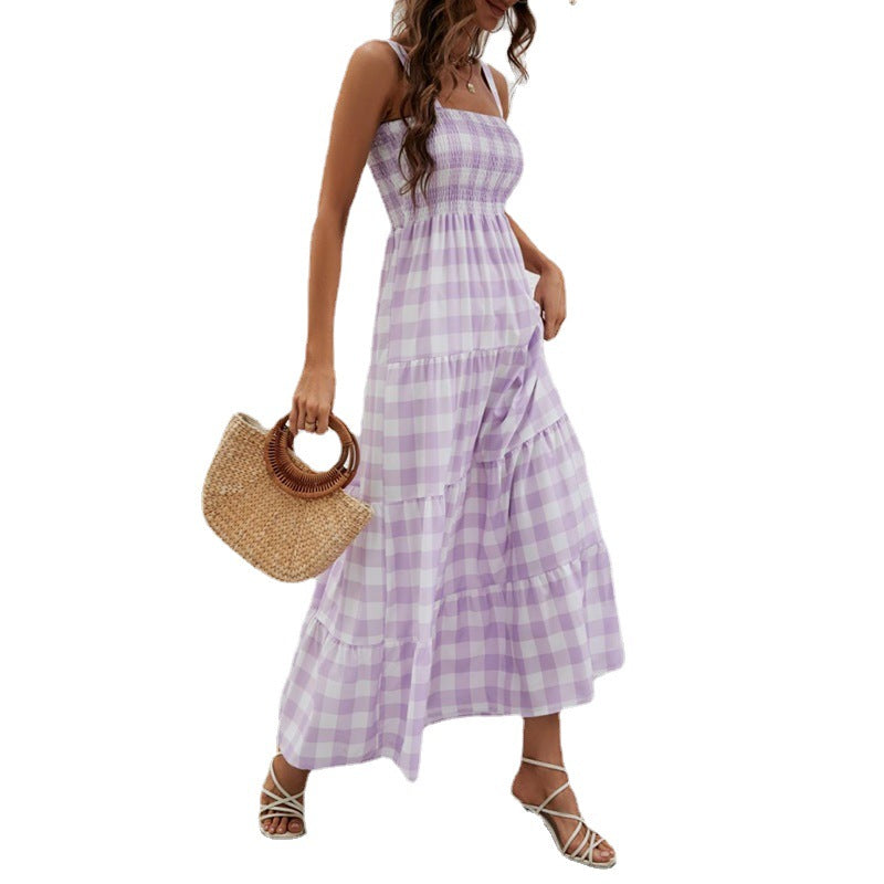Robe Maxi Aérée pour Femme avec Motif à Carreaux et Corsage Élastique Levoire