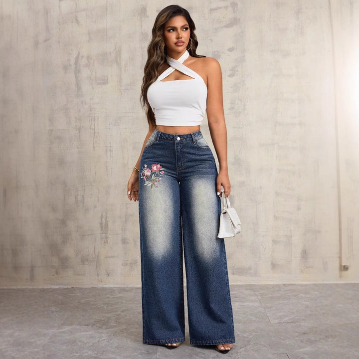 Jeans en denim larges pour femmes avec broderie florale Levoire